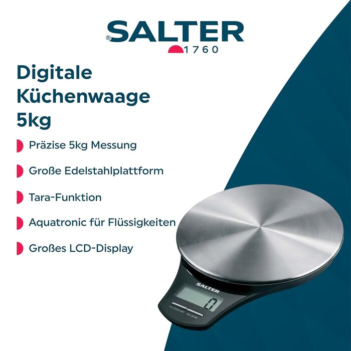 Кухонні ваги Salter 1035 SSBKDR - цифрові, електронні, зі знімною платформою з нержавіючої сталі, 5 кг, з функцією тарування, для вимірювання рідини, з батарейкою