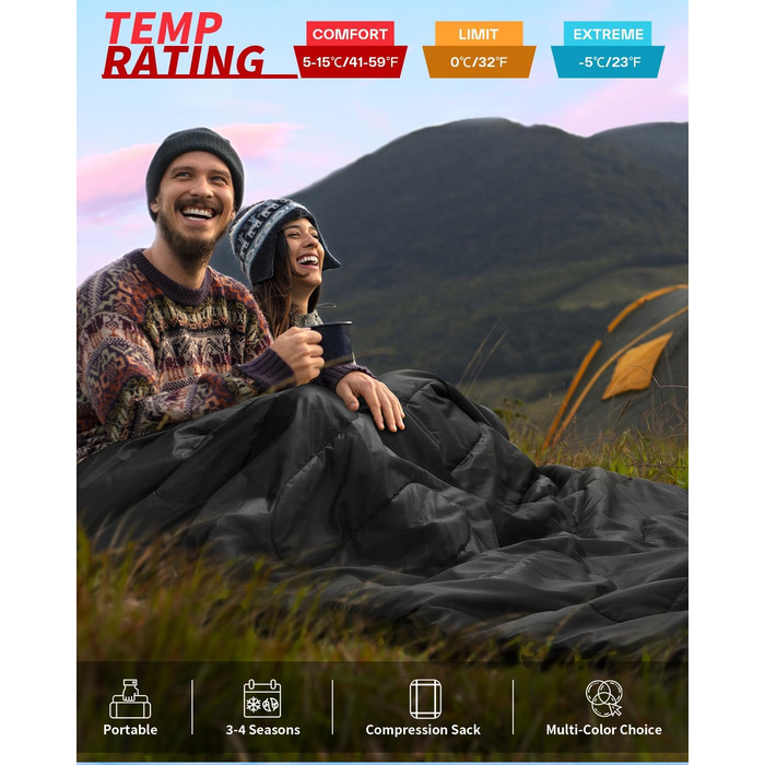Сплячий мішок Outdoor Sportneer для двох осіб: спальний мішок на 3 сезони, 220x150 см, 2.75 кг з 2 подушками, дорослий ковдровий спальний мішок для сім'ї (без фланелевої підкладки) (Чорний)