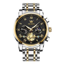 Годинник чоловічий OLEVS з металевим ремінцем, кварцовий, з місячною фазою, хронограф, водонепроникний (2859 Чорний / Двоколірний)