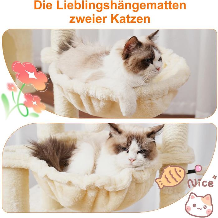 Котячий будиночок Heybly Kratzbaum: 100 см, з платформою, печерею, 2 гамаками та іграшками. Активний котячий будиночок, HCT006SG (Бежевий)