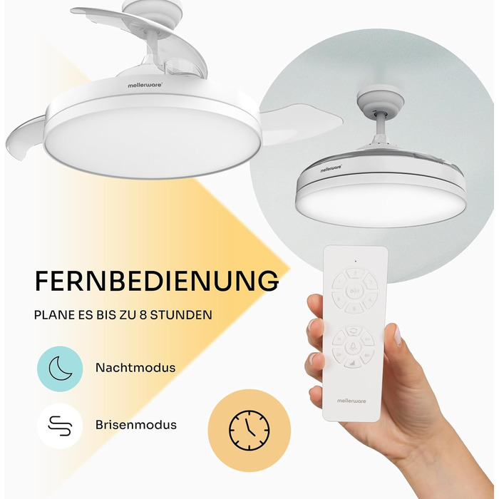 Стельовий вентилятор Mellerware з пультом Brizy, 132 см, DC мотор, 6 швидкостей, літньо-зимовий режим, таймер, білий вбудований
