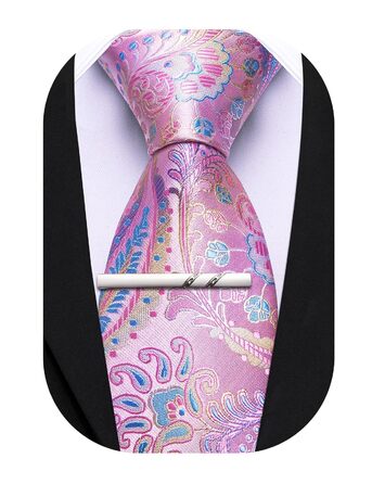 Краватка Paisley від Barry.Wang, Шовкова, Тканий комплект з краваткою та краватковою скріпкою, для весілля, свят, бізнесу, офіційних заходів, Синьо-рожевий