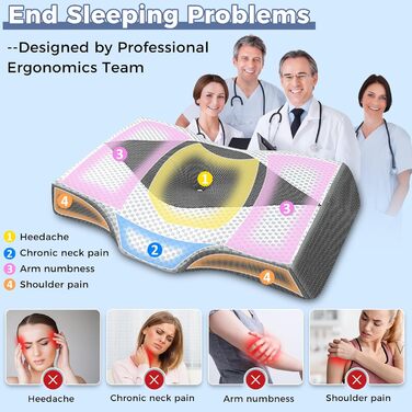 Подушка для шиї та плечей Hydomi з піною з пам'яті, ортопедична подушка для сну, регульована ергономічна подушка для сну на боці, спині та животі - порожниста конструкція, сірий та білий колір