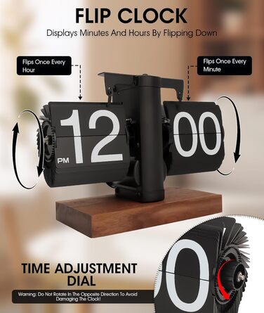Yusat Retro-Flip Clock, Vintage Table Clock, digital, automatic flipping, battery-powered, mechanical desk clock, black, ideal for home, office, room decoration (Battery