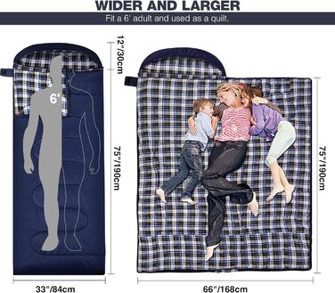 REDCAMP XL Cotton Sleeping Bag - Warm, Removable Hood, Flannel Comfort - 3-4 Season Sleeping Bag for Adults & Kids - Camping, Outdoor, Fishing - Blue (2lbs/3lbs Fill)