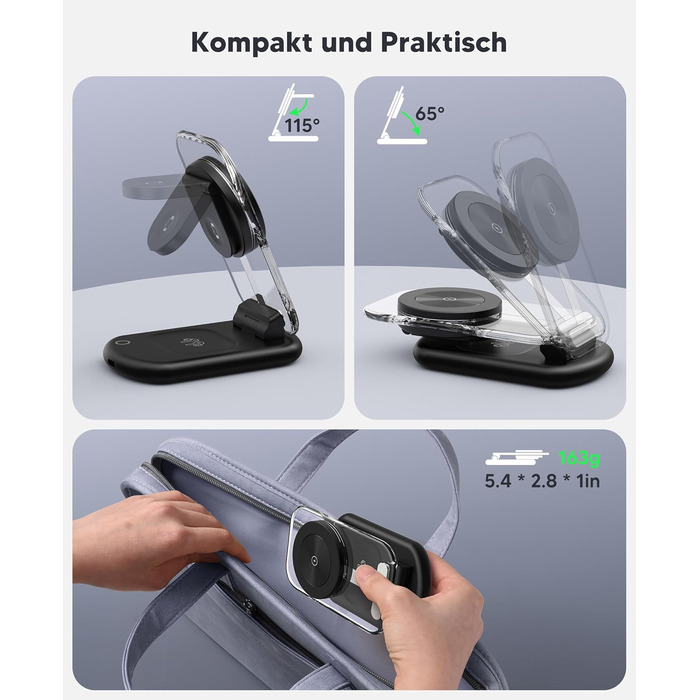 Зарядний пристрій MagSafe 3-в-1 для iPhone 17/16/15/14/13/12 Pro Max/Air/Plus/Pro та Apple Watch 10/9, AirPods 3/2/Pro, чорний