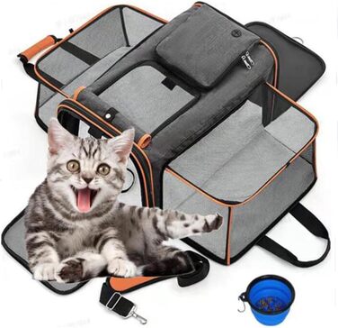 Транспортна сумка для котів та собак, розширювана, переноска для тварин, 48x30x31 см (сіра з помаранчевим)