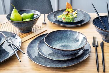 Singer | Teller Set Tokio 12-Piece Set, Stoneware Dinnerware Set for 4 People, Tableware Service including Dinner Plates, Cake Plates & Bowl Set, Dark Blue Dinner Service with Black Accents | PREMIUM COLLECTION 12-Piece Tableware Set