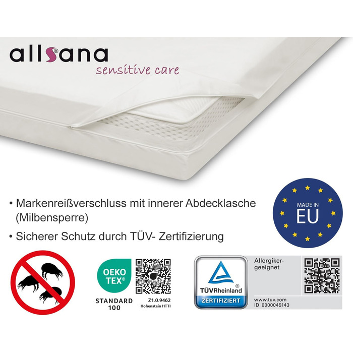 Allsana Anti-Allergy Mattress Cover for Topper 90x200x8 cm | Anti-Mite Encasing for Topper | Dust Mite Protection for House Dust Allergy Sufferers | Dust-Mite-Proof Intermediate Cover for Mattress Topper | TÜV Tested
