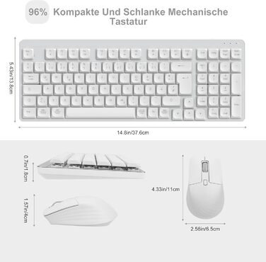 Механічна клавіатура та миша Leadsail FA98 бездротове комплект QWERTZ, 98 клавіш, низькопрофільний червоний перемикач, 1600 DPI, для Windows/MacOS/PC/Laptop (срільно-білий)