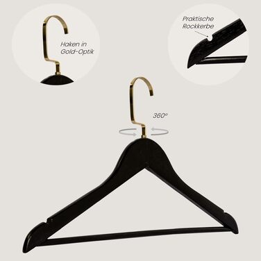 Набір дерев'яних вішаків для одягу RSR-Hangers (10 шт), 44.5 см, з перекладиною для штанів та поворотним золотистим гачком, чорні