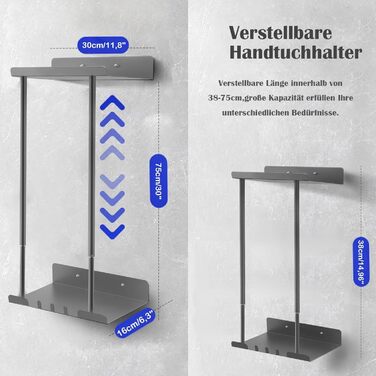Тримач для рушників без свердління, висувний, сірий. Висувна полиця для рушників, кріпиться на клей, для ванної кімнати, 38-75 см