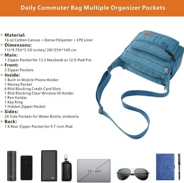 Сумка через плече W&G Traveler RFID з відділенням для пляшки води, 13-дюймовий ноутбук, активна сумка, гаманець з інтегрованим відділенням для телефону та карткою, багато кишень, блискавка зверху (Небесно-блакитний)