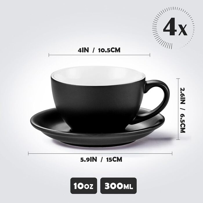 Набір кавових чашок Yundu Cappuccino 4 шт. по 300 мл – керамічні чашки з блюдцями, матова колірна гама, для латте-арту та бариста, великі мока чашки та блюдця (матова чорна)