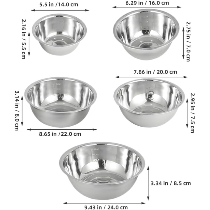 Набір з 5 чаш для перемішування GLEAVI з нержавіючої сталі: салатники, чаші для випічки, кухонні чаші для змішування та подачі, для збивання яєць