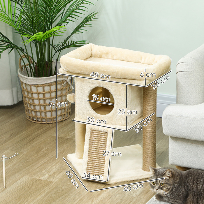 PawHut Cat Tree with Jute Scratching Mat, Lounging Platform, Play Ball, Cat House, Beige, 40 x 40 x 57 cm
