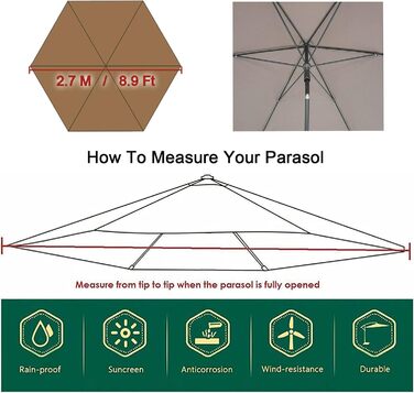 TIUTIU Replacement Canopy Cover for Patio Umbrella – 6 Ribs – 2m/2.7m/3m – Waterproof – UV Protection – Replacement Fabric (2.7m/8.9ft, Beige)