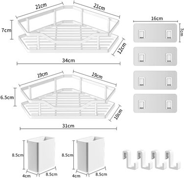 Поличка для душу без свердління, кутова, 2 шт., органайзер для ванної кімнати з 4 гачками, чорна. (B-weiß)