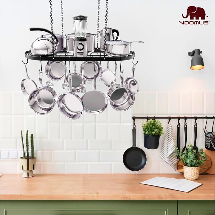 Vdomus Hanging Pot Rack, Heavy-Duty Cast Iron Ceiling Storage, Mounted Kitchen Overhead Pot Holder, Multi-Purpose Kitchen Cookware & Utensil Hanger - 15 Hooks - 84x43 cm