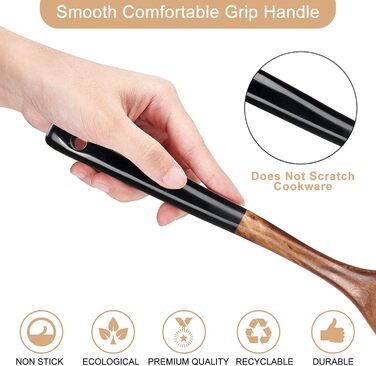 Набір кухонних аксесуарів з оливкового дерева: лопатка, шумовка, ложка, шпатель. Кухонне приладдя, безпечне BPA-Free, чорний колір