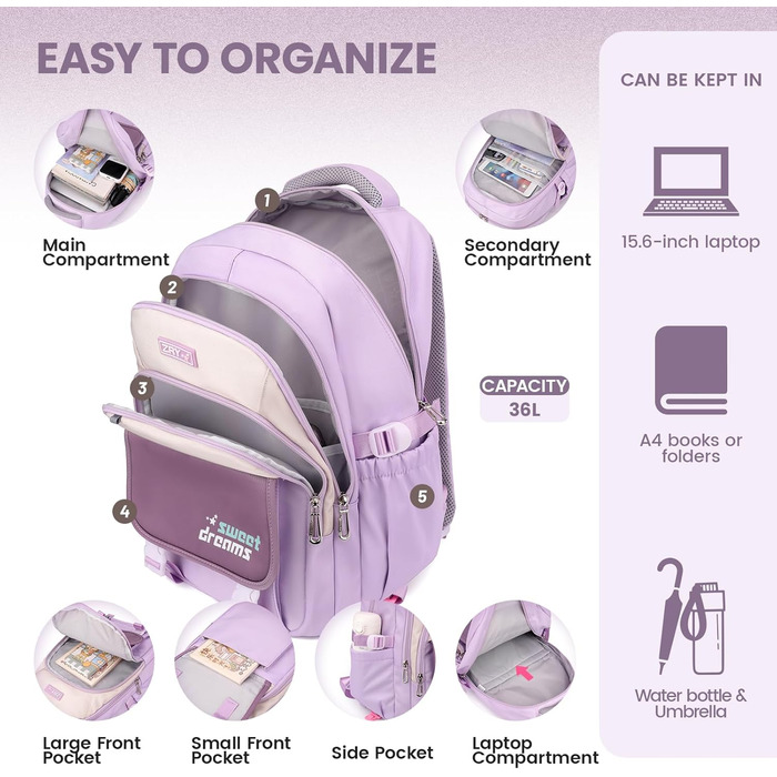 Шкільний рюкзак-роликовий для дівчаток-підлітків, 36L, зелений (фіолетовий)