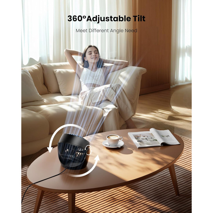 Портативний вентилятор Gaiatop 14 см, 3 швидкості, для дому, офісу, спальні, ванної кімнати (чорний)