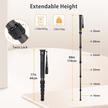 Штатив монопод Koolehaoda KQ-326C: карбонове, 44-174 см, 6 секцій, 32 мм, для фото та відео