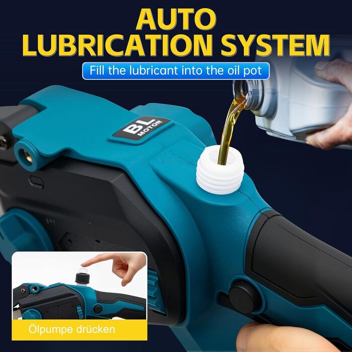 Акумуляторна міні-пила 6 дюймів (20 см) з безщітковим мотором, комплект з 2 ланцюгами 6 дюймів, 2 ланцюгами 8 дюймів, 2 направляючими плитами, 2 батареями високої ємності, для обрізки дерев та різання деревини, блакитна