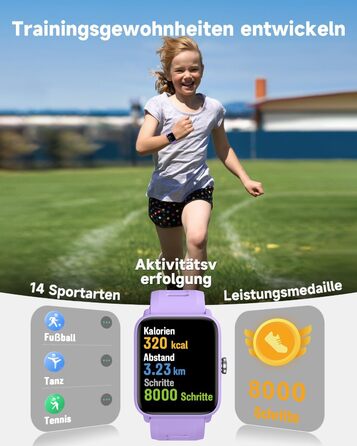 Смарт-годинник BIGGERFIVE для дітей, фітнес-трекер з пульсометром, крокомером, монітором сну, будильником та іграми, 1.5' HD-сенсорний екран, водонепроникність 5ATM, для дівчаток 3-14 років, колір: фіолетовий