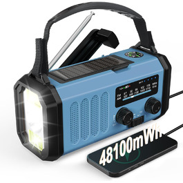 Сонячне радіо з ручним приводом, динамо, екстрене радіо AM/FM з ліхтариком, SOS, компас для дому та відпочинку на природі, USB-зарядка, 48100mAh, блакитне