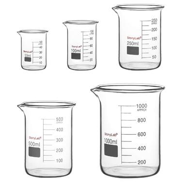 Laboratory Beaker Set, Borosilicate Glass Griffin Beakers with Graduations in Low Form in 5 Sizes, 50ml/100ml/250ml/500ml/1000ml (1L), Combo Pack