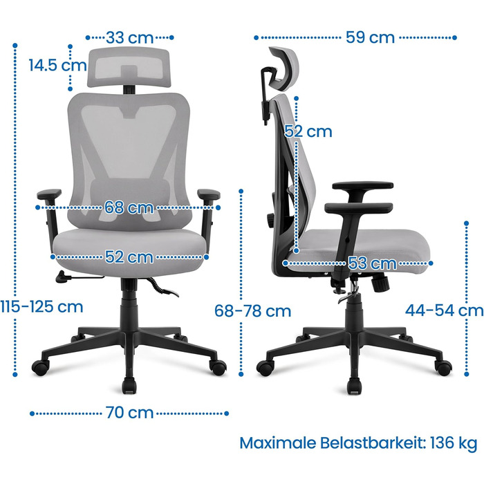 Крісло офісне Yaheetech ергономічне з регульованою підголівником, підлокітниками та поперековою підтримкою, поворотне, з можливістю нахилу 90°-130°, регульоване по висоті (світло-сірий)