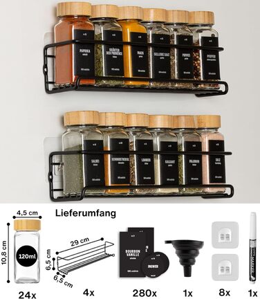Настінна полиця для спецій Deco haus® з 24 склянок та етикетками (4 шт.) - бамбукові кришки