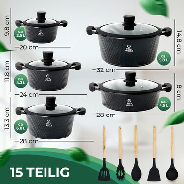 Набір каструль Pela Welle® Induktion [15 предметів, керамічне покриття] з кухонними аксесуарами, антипригарні каструлі для індукційних плит | Чорний колір | Набір каструль | Набір каструль для індукції | Каструлі | Набори каструль