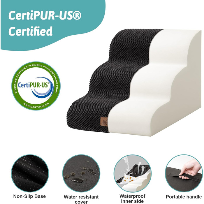 Сходинки для собак: компактні сходи для маленьких собак, 3 сходинки, чорний колір, 40x57x40 см, з миючим покриттям та протиковзким дном