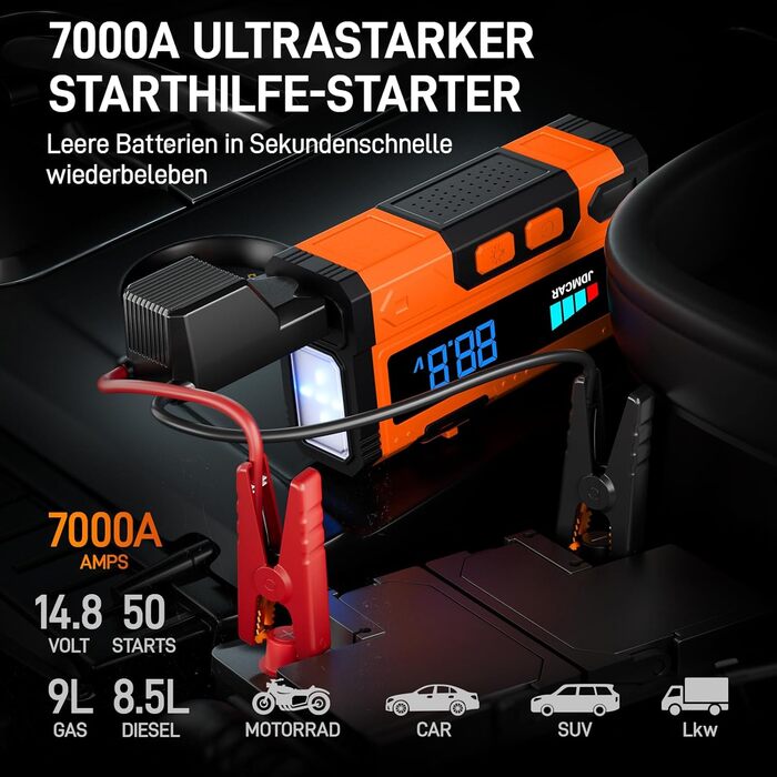 Powerbank для автомобіля Starthilfe 7000A-JDMCAR: пусковий пристрій з LCD екраном та ліхтариком