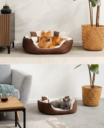 Кіжувалля для собак Lionto 4-в-1 з двостороннім подушкою з міцного оксфорду, 65x50 см, для котів та собак усіх розмірів, з глибоким входом, включає декоративну подушку, водовідштовхувальне, коричнево-бежеве