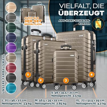Набір валіз Tillvex® 4 шт. + ваги для багажу, 8 ременів та 4 бірки | Валізи на 4 колесах | Trolley з TSA замком | Жорсткий корпус S-M-L-XL (Рожеве золото, набір валіз 4 шт.)