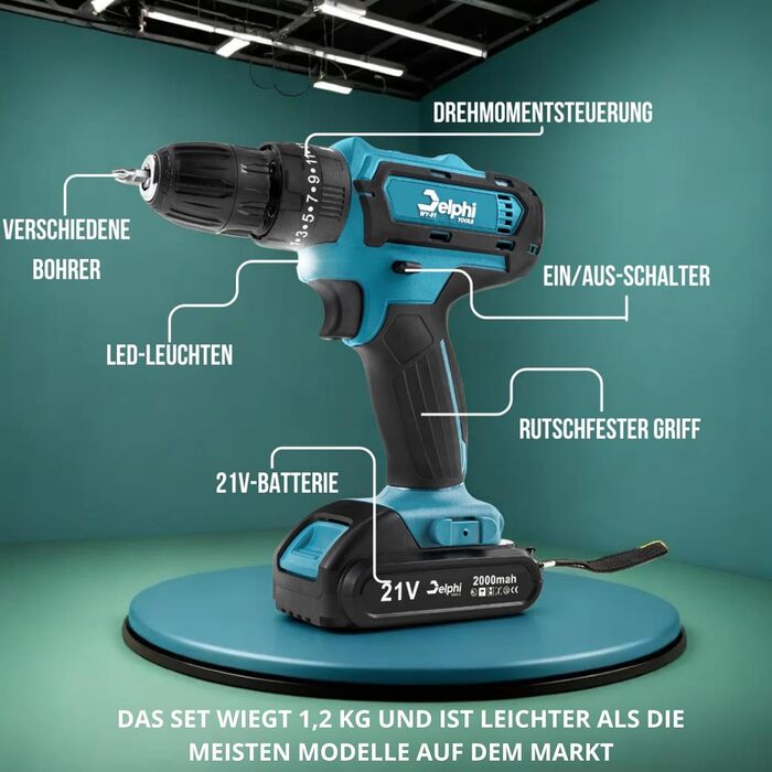 Акумуляторний ударний шуруповерт Delphi з 2 акумуляторами та зарядним пристроєм (50 Нм, 2200 об/хв - 2 швидкості) 21V комплект з кейсом (41 шт.) 2 x 2000 mAh з LED-підсвічуванням