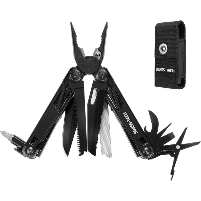 Swiss+Tech 16-in-1 Multi-Tool Pliers, Folding Multi-Tool Tool, Multifunctional Pliers with Scissors, Knife, Saw, Bottle Opener, Screwdrivers for Camping, Outdoor, Repairing, with Carrying Case