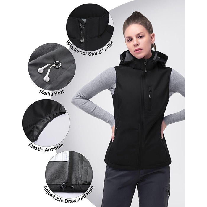 Жіночий софтшеллова жилетка 33000ft з капюшоном, флісовою підкладкою, водонепроникна та вітрозахисна спортивна жилетка з 5 кишенями для їзди на конях, бігу, походів, XXL, чорний