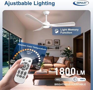 Depuley Потолочний вентилятор з підсвічуванням для вулиці: LED лампа з вентилятором для саду, тераси - 132см, з пультом керування, для вітальні, ресторану, офісу (Білий, 52 дюйми)