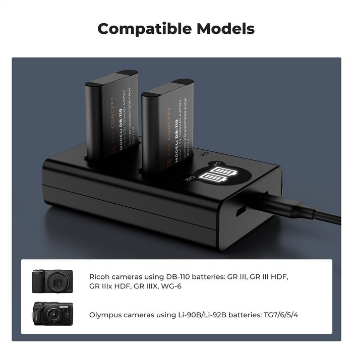 Акумулятор K&F CONCEPT DB-110 1100mAh 2 шт. з зарядним пристроєм Dual Slot, сумісний з Ricoh GR III, GR IIIx, Theta X, WG-6, G900 II, G900SE II, Olympus TG7/6/5/4