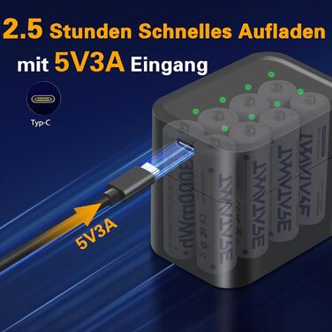 8 x Акумулятори Li-Ion AA з зарядним пристроєм, 1.5V, 2500 mAh, перезаряджувані, білі (чорні)