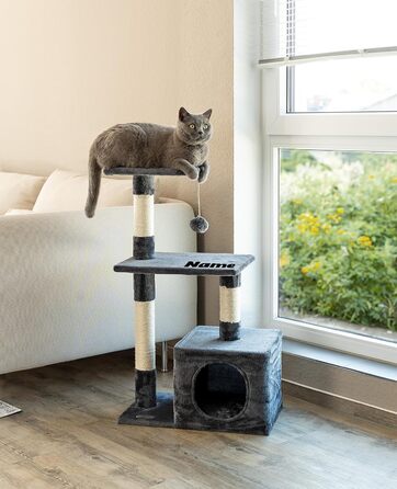 Lionto Scratching Post for Cats with Cave and Plush Ball incl. Bell, Height 85 cm, Cat Tree with Sisal & Plush, Cozy Resting Areas & Cave, Suitable for Small & Large Cats, (Dark Grey (with name tag))