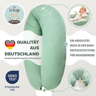 Подушка для годування sei Design XXL 190x30 см з мусліновою наволочкою, ергономічна, для вагітних, для сну на боці, комфортна подушка для дорослих, наволочка з 100% бавовни [органічна бавовна]