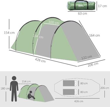 Намет Outsunny Tunnel для 2-3 осіб, сімейний водонепроникний кемпінговий намет з тамбуром, гачками для ліхтарів, водовідштовхуваність 2000 мм, темно-зелений
