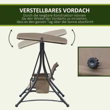 Outsunny Hollywood Swing with Side Pocket, 3-Seater Garden Swing with Adjustable Sunshade, Swing Bench Load Capacity up to 300kg, for Garden, Terrace, 196 x 128 x 172 cm, Brown | Aosom