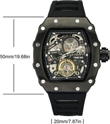 TIME100 Автоматичний годинник для чоловіків: водонепроникний, з підсвічуванням, серія Pilot, Angel Wing, бізнес-стиль, механічний годинник з шкіряним/силіконовим ремінцем, скелетний дизайн (чорний)