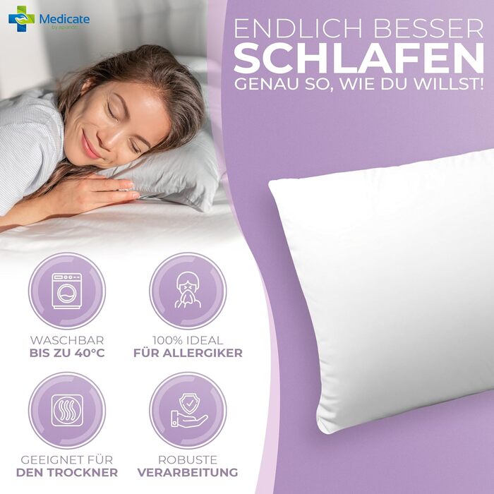 Medicate Lavender Pillow 40x80 with Down – Washable Pillow 40x80 up to 40 Degrees - Pillow for Every Sleeping Position – Down Pillow Made in Germany 40 x 80 cm